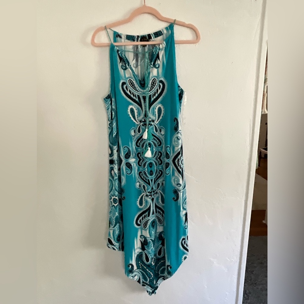 Melissa Paige Teal Paisley Sharkbite Hem Dress M